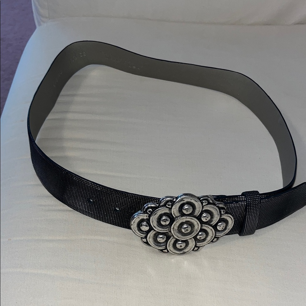 Per Se Leather Black Belt with Silver tone Floral Buckle size S